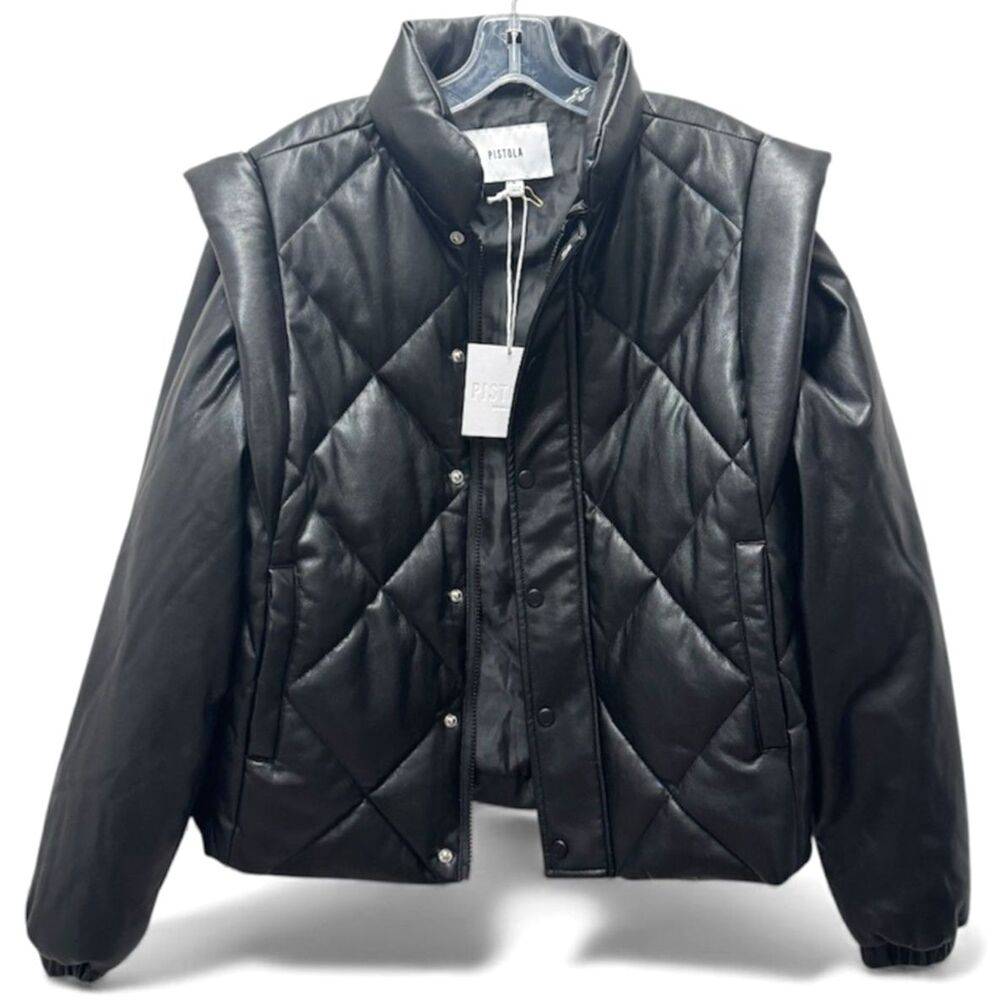 Pistola Callista Black Convertible Faux Leather Puffer Jacket Cost Vest S NEW
